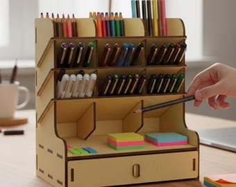 Organizador de escritorio de 20 archivos cortados con láser, moderno organizador de madera para oficina (cdr, dxf, svg, eps)