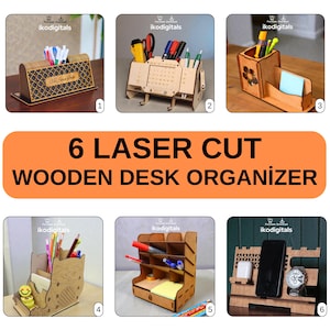 Puede incluir: Se muestran seis organizadores de escritorio de madera cortados con láser. Los diseños incluyen portalápices, un calendario y un soporte para teléfono. El texto "6 LASER CUT WOODEN DESK ORGANIZER" se muestra en naranja.