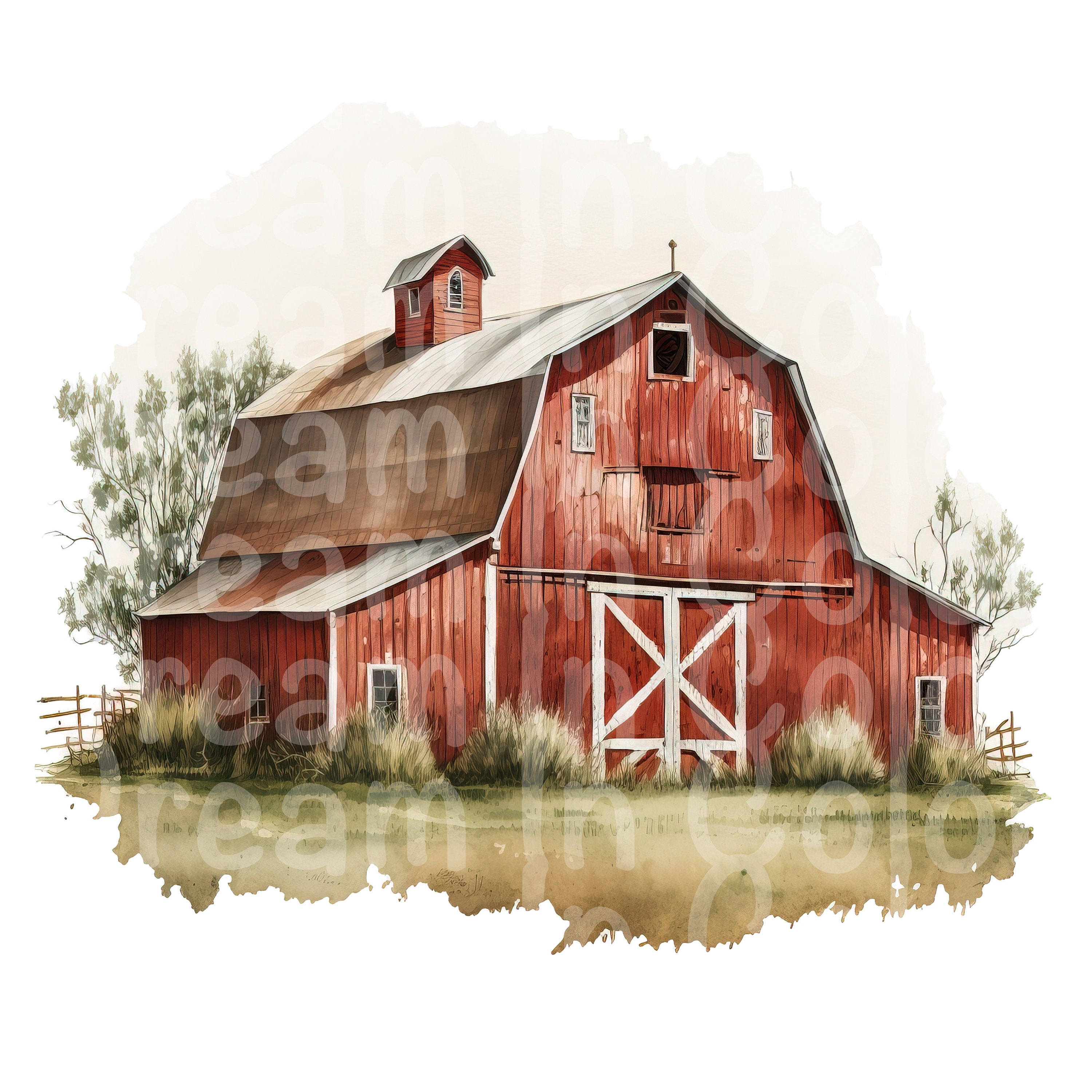 Red Barn Painting Clip Art for Wall Art, Canvas, Crafts, Printing