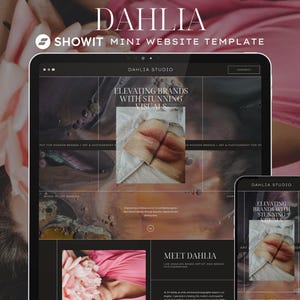 May include: A tablet and a smartphone displaying a website template for a creative studio called Dahlia Studio. The website features a black and white color scheme with a bold, modern design. The text on the website reads "Elevating Brands with Stunning Visuals" and "Meet Dahlia".