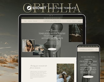 May include: A digital sales page template on a tablet and smartphone. The template features the text "Ophelia Photo" and "Timeless Photography That Captures Authentic Stories." The design includes images and an "Enroll Now" button.