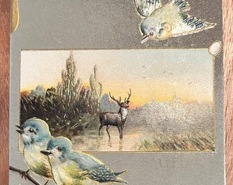 GC+ Rare Vintage 1909 A Happy New Year Postcard Birds Fly Majestic Deer in Water Gold Gilded Textured Embossed Antique Stamp Sent 203
