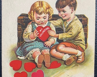 Rare Vintage 1929 Valentine's Day Postcard Young Victorian Boy Give Girl Valentine's Heart Poem Untextured Antique Stamp Sent 706
