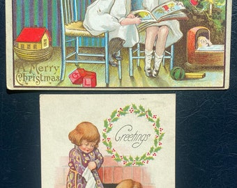 SET of 2 Rare Vintage 1908/25 Christmas Postcard Victorian Kids Play Xmas Toy Train Book Textured Embossed Antique Red Stamp Sent/Unsent 367