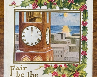 Rare Vintage Happy New Year Postcard Clock Tower Bells Midnight Village Holly Gold Gilded Embossed Textured Antique Unsent Unwritten 3e
