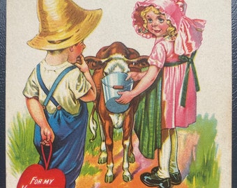 GC+ Rare Vintage Valentine's Day Postcard Victorian Boy Give Heart to Girl Cow & Milk Untextured Antique Undivided Back Unsent 771