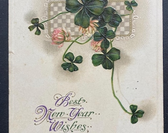 Rare Vintage 1914 John Winsch German New Year Wishes Postcard Shamrock Four Leaf Clover Textured Embossed Gold Gilded Antique Stamp Sent 5i