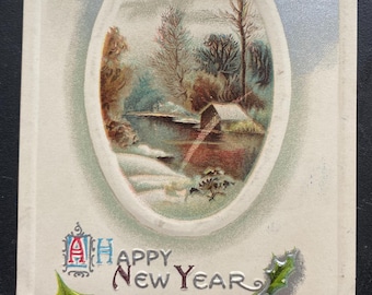 VGC Rare Vintage 1909 A Happy New Year Postcard Snowy Village River Lake Holly Berry Silver Gilded Embossed Textured Antique Stamp Sent 806