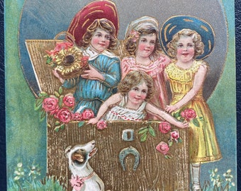 VGC Rare Vintage 1909 Easter German Postcard Victorian Children In a Box w/ Dog & Roses Gold Gilded Textured Embossed Antique Stamp Sent 9t
