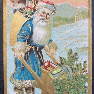 Zeldzame vintage 1910 kerst ansichtkaart Belsnickle kerstman duwkruiwagen met speelgoed planten goud vergulde textuur reliëf antieke stempel verzonden 382