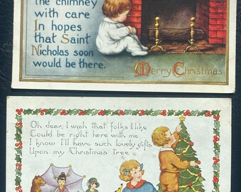 SET of 2 Rare Vintage 1916 Whitney Made Christmas Postcard Victorian Kid Hang Stocking Embossed Antique Stamp Sent/Unsent Undivided Back 388