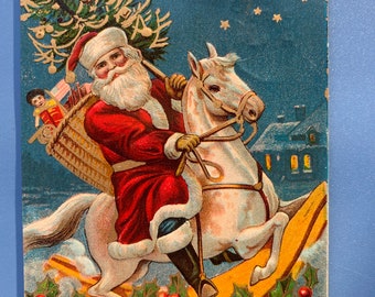 VGC Rocking Horse Riding Vintage Santa Claus Christmas Postcard German Santa Claus Belsnickle Holly Basket Presents Tree Sent Antique Stamp