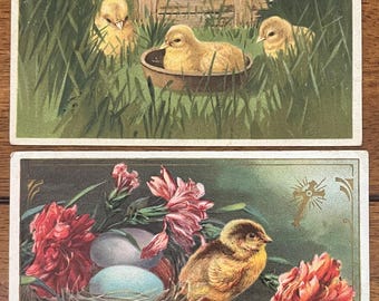 SET of 2 Rare Vintage 1908 German Easter Greetings Postcard Baby Chicks Eggs Grass Farm Gold Gilded Textured Embossed Antique Stamp Sent 2z