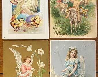 SET of 4 Rare Vintage 1908 Easter Greetings German Postcard Angels Kids Gold & Silver Gilded Textured Embossed Antique Stamp Sent Unsent 379