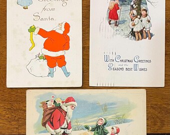 SET of 3 Rare Vintage 1915/16 Christmas Postcard Santa with Young Children and Toys Gold Gilded Textured Embossed Antique Stamp Sent 566