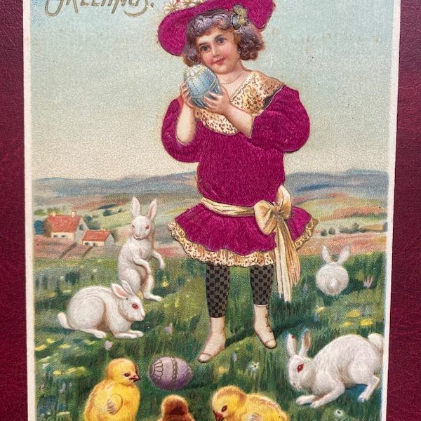 Vintage 1909 Rare German Easter Postcard Victorian Girl Child Bunny Rabbit Chick Egg Farm Textured Pink Satin Embossed Antique Stamp Sent 79