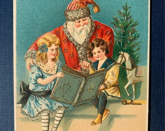 EXC++ Stunning Vintage Christmas Postcard German Santa Claus Victorian Reading Children Little Girl Boy Horse Tree Antique Unsent Embossed