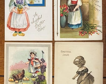 SET of 4 Rare Vintage 1909 German Easter Joys Postcard Victorian Girls Get Eggs Gold Gilded Textured Embossed Antique Stamp Sent Unsent 535
