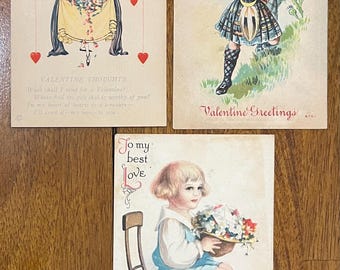 SET of 3 Rare Vintage 1922 Valentine's Day Postcard Victorian Girl Lady Flowers Heart Love Untextured Antique Stamp Sent Unsent 25