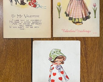 SET of 3 Rare Vintage 1917 Valentine's Day Postcard Victorian Girl Flowers Heart Dress Love Untextured Antique Stamp Sent Unsent 41