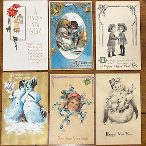 SET of 6 Rare Vintage 1908-1922 Happy New Year Postcard Victorian Kids Snowman Gold Gilded Embossed Textured Antique Stamp Sent Unsent 887