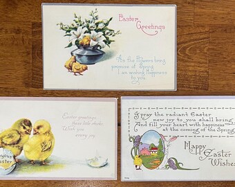 SET of 3 Rare Vintage 1913 Joyous Happy Easter Postcard Chicks Hatch Eggs Bunny Hiding Bouquet Flowers Untextured Antique Stamp Sent 396