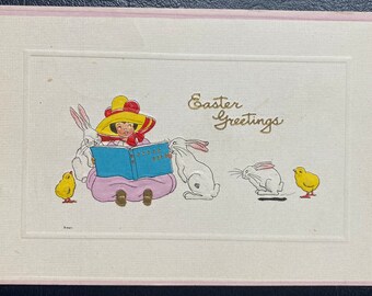 VGC+ Rare Vintage 1913 Easter S Bergman Postcard Victorian Girl Read Book to Bunnies Gold Gilded Textured Embossed Antique Stamp Sent 315