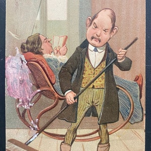 Funny German Postcard Rare Vintage Joke 'A Sweeping Change of the Future' Husband Cleaning Wife Reading Textured Embossed Antique Sent 166