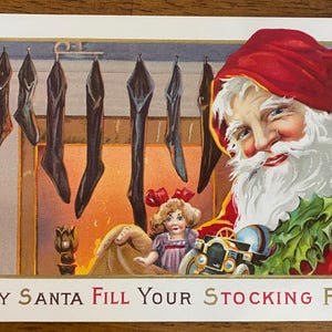 EXC Rare Vintage Christmas Postcard Santa Fill Stockings w/ Toys Fireplace Gold Gilded Textured Embossed Antique Unsent Nearly Unwritten 731