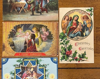 SET of 4 Rare Vintage 1911 German Christmas Postcard Nativity Manger Angel Star Gold Gilded Textured Embossed Antique Stamp Sent Unsent 914