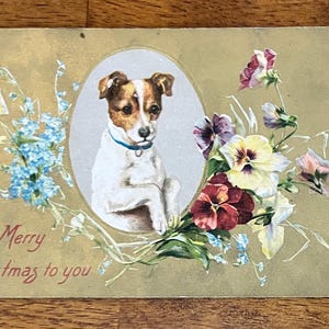 Rare Vintage German Merry Christmas to You Postcard Cute Puppy Dog Posing Flowers Collar Gold Gilded Textured Embossed Antique Unsent 202
