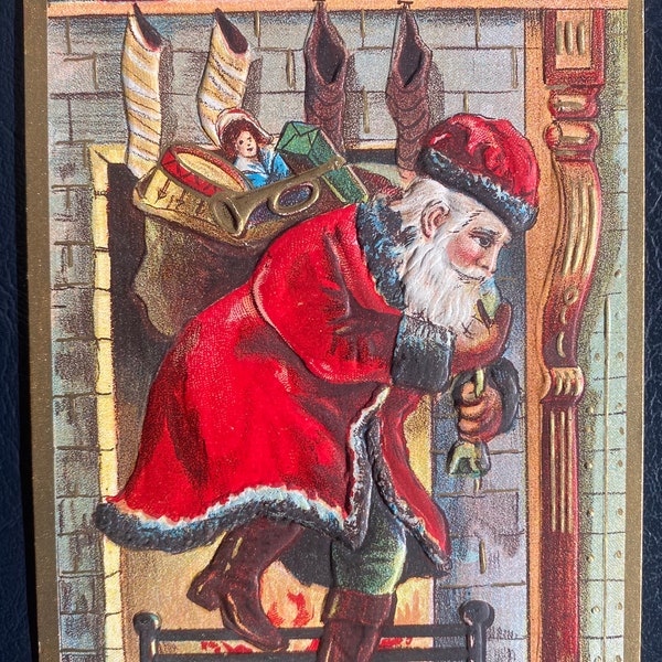 VGC+ Vintage Rare Christmas Postcard Santa Claus Sneak Tip Toe Fireplace Toy Clock Gold Gilded Textured Embossed Antique Unwritten Unsent 1i