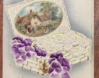 Rare Vintage 1910 Birthday German Edw. Lowey Postcard Flower Basket Beautiful Landscape Gold Gilded Textured Embossed Antique Stamp Sent 45