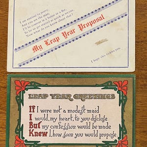 Set van 2 zeldzame vintage 1912 schrikkeljaargroeten ansichtkaart voorstel om te trouwen goud verguld, niet-getextureerd reliëf antieke stempel verzonden niet-verzonden 826