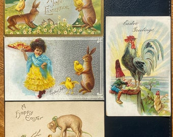 SET of 4 Rare 1909 Vintage German Easter Postcard Girl Bunny Hold Chicks Lamb Rooster Textured Gilded Embossed Antique Stamp Sent Unsent 1z