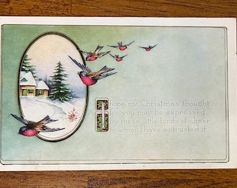 Rare Vintage 1921 Whitney Made Christmas Postcard Birds Fly in Village Gold Gilded Embossed Textured Antique Stamp Sent Undivided Back 970