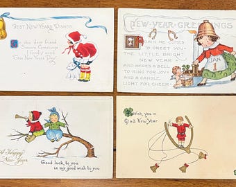 SET of 4 Rare Vintage 1912 Happy New Year's Postcard Victorian Kids Play Puppy Gold Gilded Embossed Textured Antique Stamp Sent Unsent 124