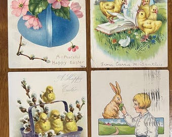 SET of 4 Vintage 1907 Tuck & Sons German Easter Postcard Chicks Gold Silver Gilded Embossed Textured Antique Stamp Sent Undivided Back 199