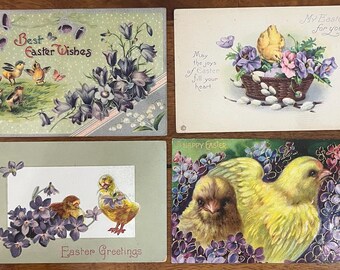 SET of 4 Rare 1909 Vintage German Easter Postcard Chicks Play Flowers Gold & Silver Gilded Textured Embossed Antique Stamp Sent Unsent 2x