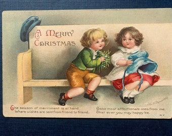 EXC Vintage Christmas Signed Ellen Clapsaddle Postcard Victorian Child Little Boy Girl Wagon Toys Car Horn Horse sent German Antique