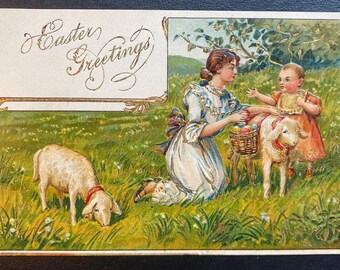 GC+ Rare Vintage Easter Greetings German Postcard Victorian Lady w/ Baby & Sheep Gold Gilded Textured Embossed Antique Unsent Unwritten 683