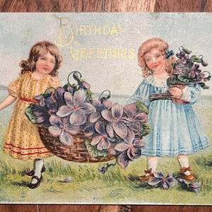 VGC Rare Vintage Birthday Greetings Postcard Victorian Girls Basket Bouquet Flowers Garden Gold Gilded Textured Embossed Antique Unsent 55