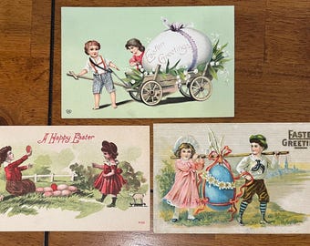 SET of 3 Rare Vintage 1909 Easter German Postcard Victorian Kids Collect Eggs Gold Gilded Textured Embossed Antique Stamp Sent Unsent 861
