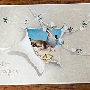 VGC Vintage Rare Easter Greetings German Postcard Roosters Hens Chicks Grazing Eating Gold Gilded Textured Embossed Antique Unsent 743