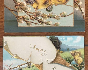 SET of 2 Rare Vintage 1911 German Merry Easter Postcard Baby Chicks Farm Field Cotton Gold Gilded Textured Embossed Antique Stamp Sent 4j