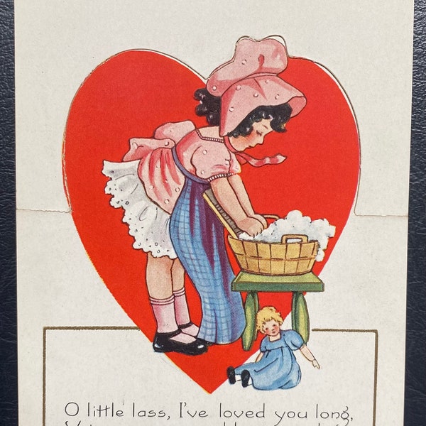 VGC+ Rare Vintage Valentine's Day Stand-Up Card Victorian Girl Do Chores Wait for Letter Gold Gilded Textured Embossed Antique Unsent