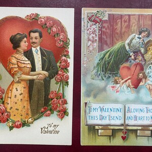 VGC+ SET of 2 German Vintage Valentine&#39;s Day Postcard Victorian Woman Man Roses Cherub Embossed Gilded Textured Antique Unsent Unwritten 52