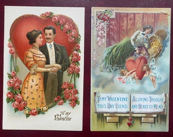 VGC+ SET of 2 German Vintage Valentine's Day Postcard Victorian Woman Man Roses Cherub Embossed Gilded Textured Antique Unsent Unwritten 52