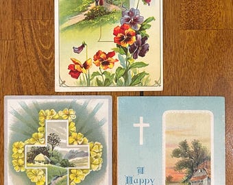 SET van 3 zeldzame vintage 1910 paastijdingen ansichtkaart Cross kerk tuin kuikens goud en zilver vergulde getextureerde reliëf antieke stempel verzonden 6d