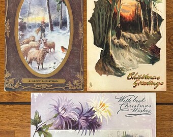 SET of 3 Rare Vintage 1909 German Christmas Tuck & Sons Postcard Sheep Shepherd Gold Gilded Textured Embossed Antique Stamp Sent Unsent 920